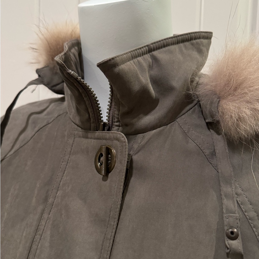 Fleet Street Long Taupe-Gray Hooded Coat with Faux-Fur Trim Size Small - Picture 5 of 10
